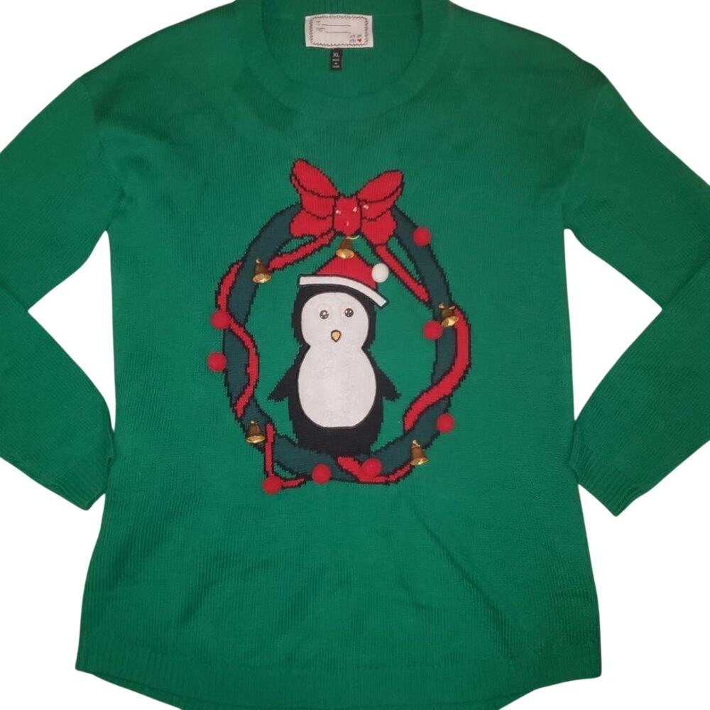 Ugly Christmas Sweater Penguin Christmas Green Sweater Size XL